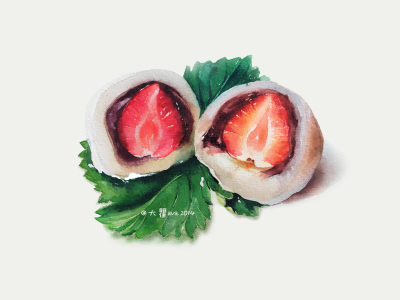 大瞿ava｜水彩甜品插画－草莓大福