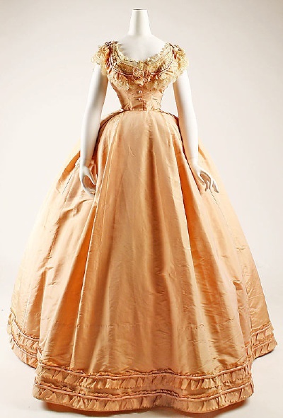 Peach silk dress with evening bodice, French, ca. 1864. Labels: &amp;quot;Mme. Cuper, Rue St. Honoré&amp;quot; and &amp;quot;Walker S. Poor, Ridgefield, Conn., 2/27/45&amp;quot;