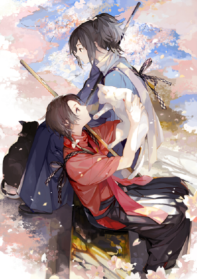 ，小猫，樱花树下，烂漫，取暖，相拥，与你一起，动漫手绘插画，温软动人