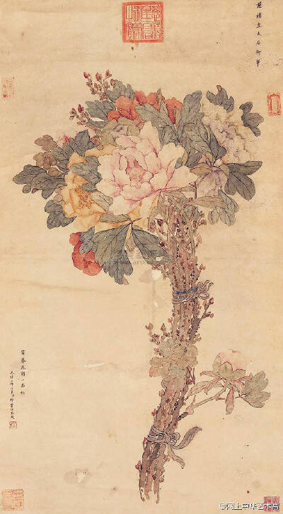 ——慈禧 《花卉画微展》 满族，1835年11月~1908年11，又称“西太后、老佛爷“..。慈禧博学多才，能书善画，书法长于行书、楷书，绘画有花卉等传世。以典型的工笔淡彩技法绘出花、叶，老枝及地面兰草没骨写意而成。…