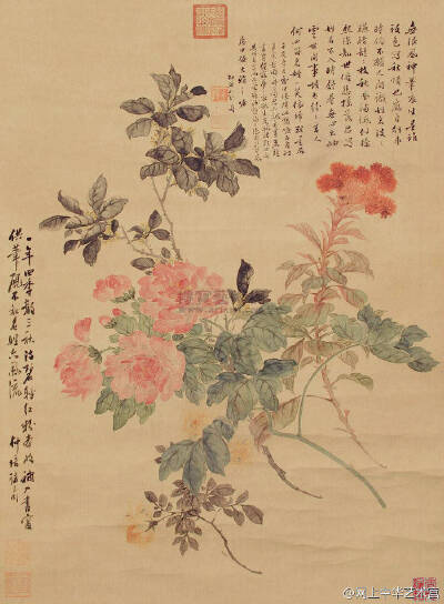 ——慈禧 《花卉画微展》 满族，1835年11月~1908年11，又称“西太后、老佛爷“..。慈禧博学多才，能书善画，书法长于行书、楷书，绘画有花卉等传世。以典型的工笔淡彩技法绘出花、叶，老枝及地面兰草没骨写意而成。…