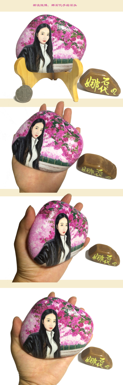 在顾客自选背景下又画了一位樱花树下的姑娘，每当石头安全的抵达顾客手中后，我悬着的心才能落地。对于照片曝光较强的人像绘制，还是要忠于原图为好，哪怕是一点点假想的阴影都会影响到相似度。这回绘制收获不少经验…