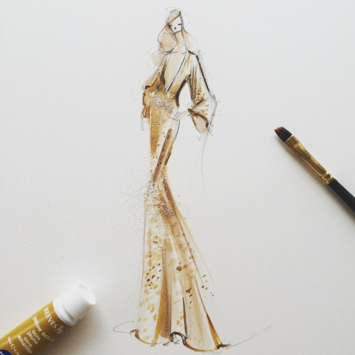 Jeanette Getrost Fashion illustrations。洛杉矶的时装设计师Jeanette Getrost手绘时尚插画欣赏：Natasha Poly in Michael Kors at Cannes。