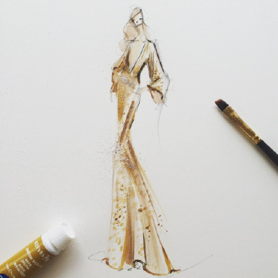 Jeanette Getrost Fashion illustrations。洛杉矶的时装设计师Jeanette Getrost手绘时尚插画欣赏：Natasha Poly in Michael Kors at Cannes。