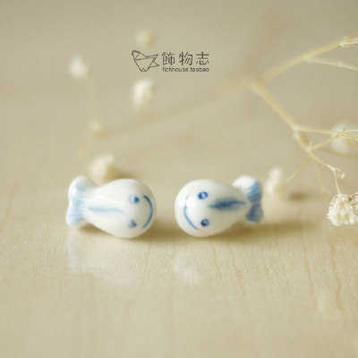 饰物志|森女系 娃娃鱼 双鱼 青花手绘 耳钉 全手工陶瓷首饰 饰品
