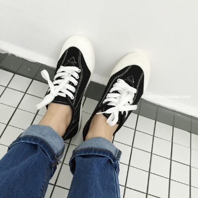 JIUSI 店主自留 超百搭的黑色拼接明线系带休闲帆布鞋 舒适女鞋