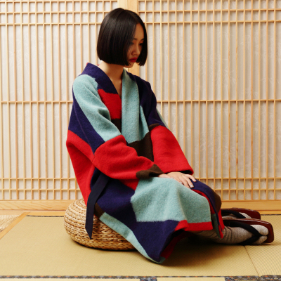 豆屋制衣 原创 日式和风 经典几何撞色羊毛大衣 花色绑带