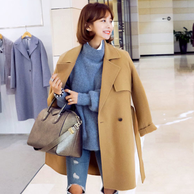 韩版冬款简约百搭中长款休闲百搭加厚保暖女两色夹棉毛呢外套