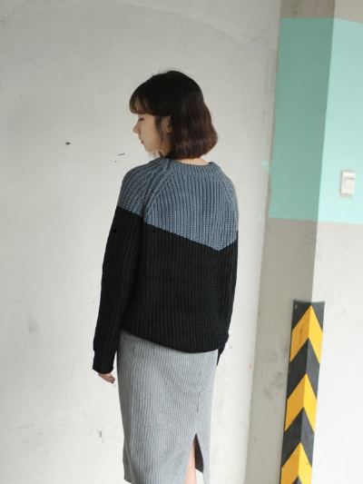 拾光鹿 秋冬韩款拼色圆领宽松粗线毛衣