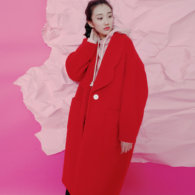 有耳 松果星球系列 "嫁了吧"大红色花瓣领毛呢大衣女 设计师女装