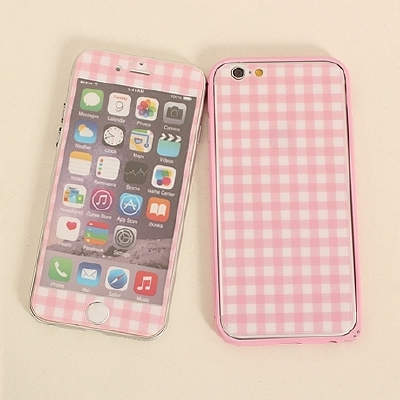 粉色格子iphone6彩膜6PLUS钢化彩膜5s全屏钢化膜6s卡通闪粉前后贴