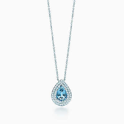 Tiffany Soleste 铂金镶钻石和海蓝宝石吊坠。