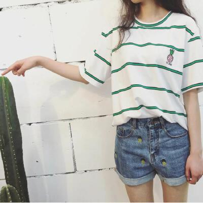 南栀 16夏装时尚百搭显瘦条纹刺绣T恤圆领刺绣条纹女上衣