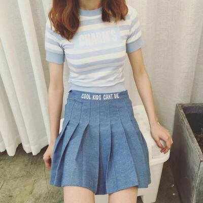 南栀16夏高腰牛仔百褶半身裙韩版刺绣字母学院风短裙女