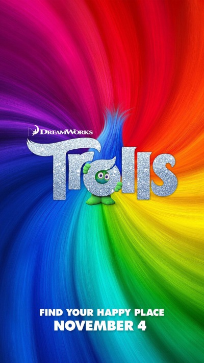 《Trolls魔法精灵》电影海报，影片讲述的是“Trolls”这群可爱的精灵们与他们的天敌——“博啃族”进行对抗的冒险旅程，最终Poppy公主带领同伴们找到了能够拯救整个精灵族群的终极秘密武器。