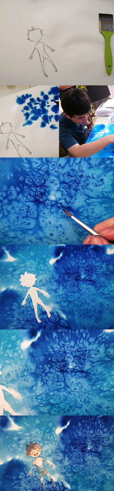 【绘画教程】水彩男孩 海洋 （背景是盐的效果）