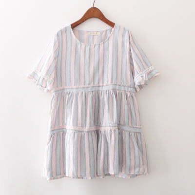 夏季日系文艺范清新衬衣裙圆领套头宽松竖条纹短袖连衣裙女