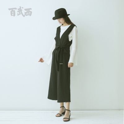 专Q百武西2016年秋装复古休闲背带阔腿裤女士针织长裤5685