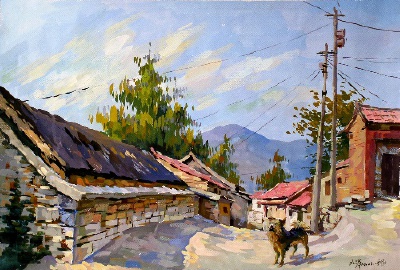 农村写生，风景水粉