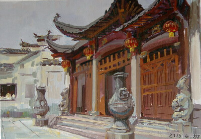 风景水粉，老式建筑