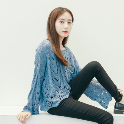iFashion素色左岸秋季新款波浪边镂空毛衣女套头薄款长袖短款上衣
