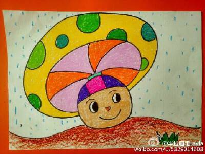 #儿童画##儿童美术#蜡笔画-蘑菇伞