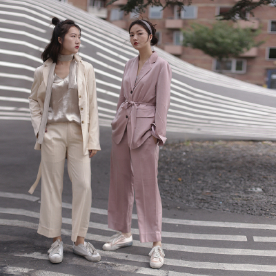 damostudio 秋季独家定制帅气绑带条纹时髦休闲西装女外套