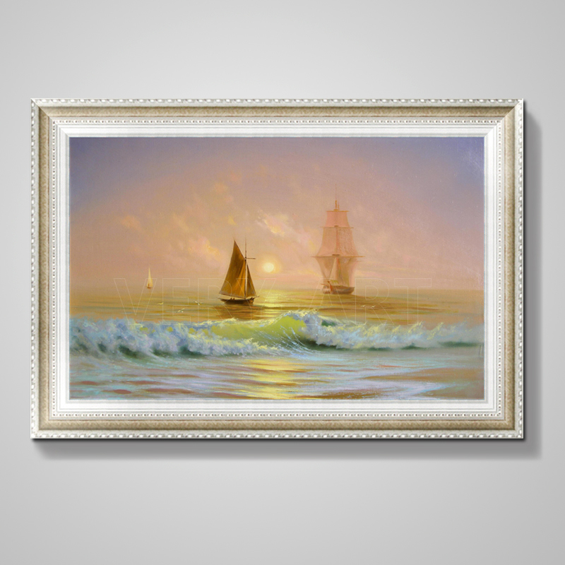 手绘VERY-ART扬帆起航一帆风顺夕阳海景油画海浪帆船风景油画挂画