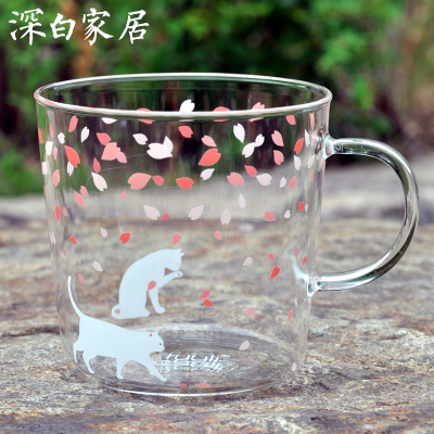 和风樱花玻璃杯 耐热透明玻璃水杯泡茶带把办公室家用随手咖啡杯