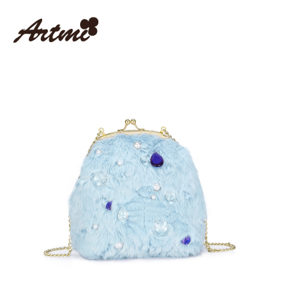 Artmi2016秋季 欧美时尚蓝色单肩包毛毛绒水晶吊坠女斜挎包小