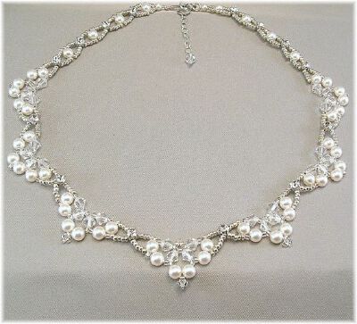 Swarovski Rhinestone Pearl and Crystal Wedding Necklace, Diamante Necklace, Beaded Bridal Scalloped Necklace: