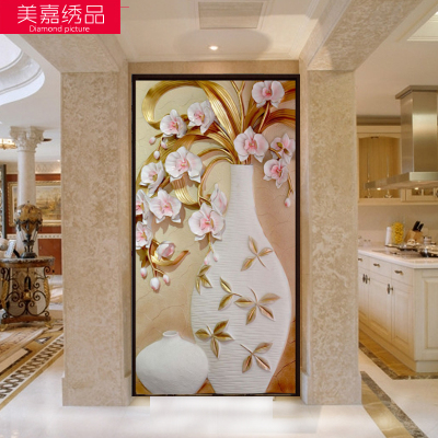 欧式十字绣5D钻石画满钻竖版浮雕花瓶彩雕客厅简约现代贴圆钻玄关