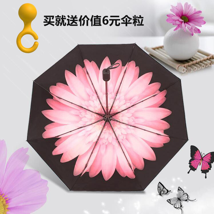 听雨声雨伞折叠晴雨两用 防晒太阳伞女防紫外线遮阳伞小黑伞雏菊