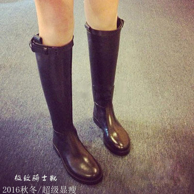 秋冬季新款高筒长靴女 后拉链骑士靴 圆头平底真皮防水台军靴子it