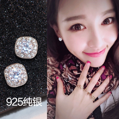 明星同款925纯银锆石耳钉耳环女 韩国简约气质水钻耳饰防过敏礼物