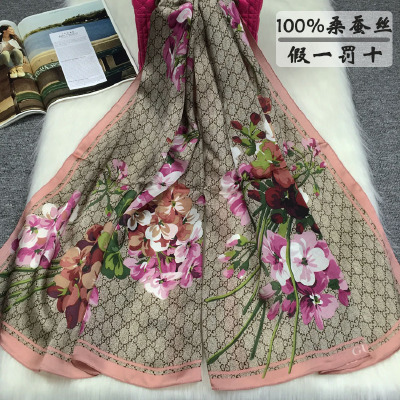 秋冬季天竺葵真丝长款丝巾欧美大牌围巾100%桑蚕丝沙滩空调披肩女