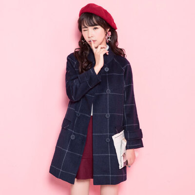 预售 Candie's2016冬新款 格纹中长款口袋毛呢大衣外套女30064987
