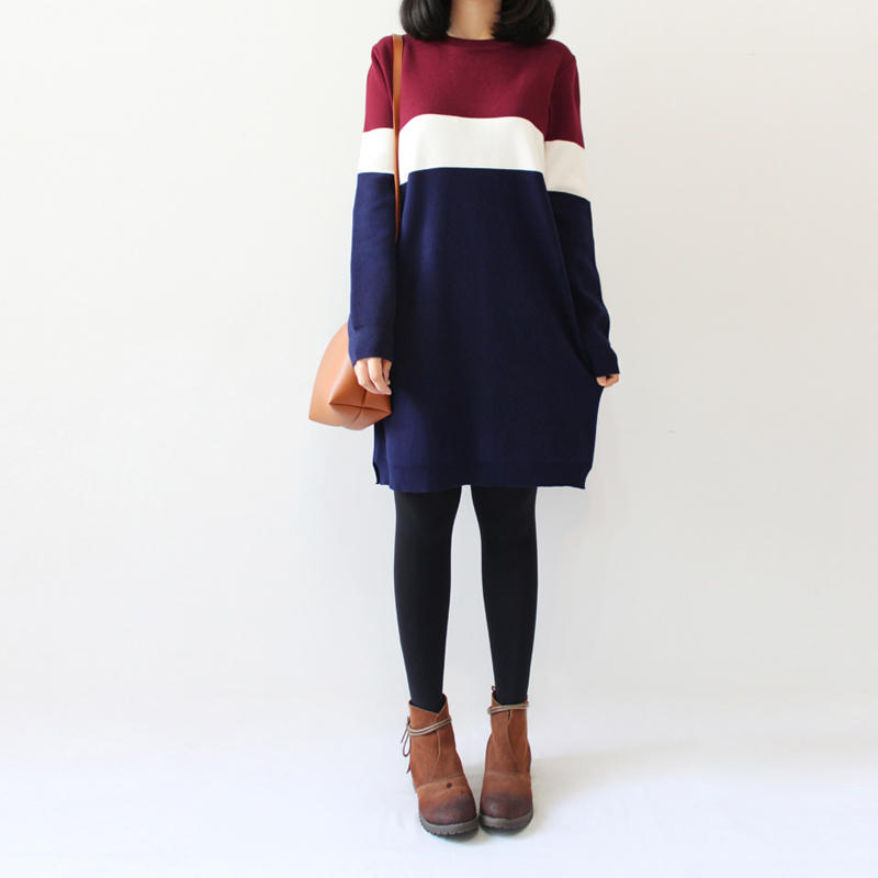 秋冬 文艺复古撞色拼接中长款针织衫 圆领长袖显瘦毛衣连衣裙