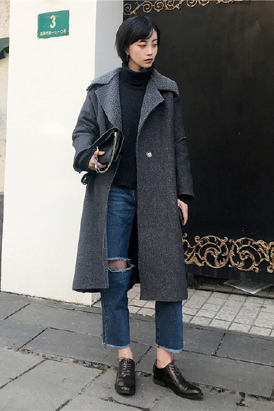 加厚羊羔毛自由剪裁长款大衣，做旧破洞 百搭毛边牛仔阔腿裤
