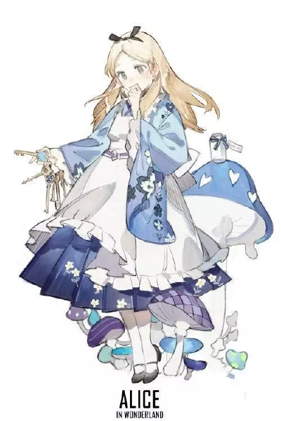 动漫 二次元 日本 日式 和服 爱丽丝 仙境 兔子 长裙 可爱 长发披肩 蓝色系 一套 闺蜜头 侵删#