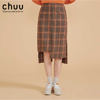 chuu2017年春季新款复古给子不规则裁剪修身显瘦H型格纹半身裙