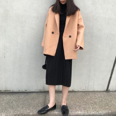 韩版潮冬天休闲百搭宽松显瘦加厚加棉茧型毛呢外套女短款大衣