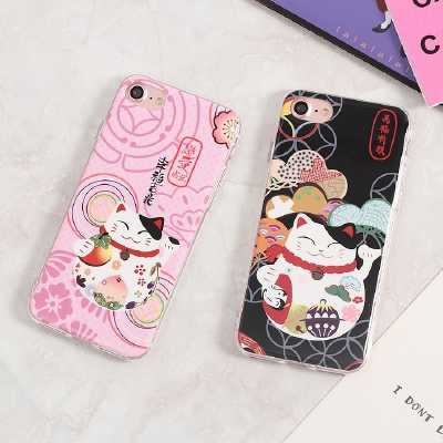 招财猫iphone7手机壳苹果7plus亮面全包手机壳6splus硅胶6s软
