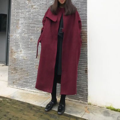 冬季韩版长款过膝加厚加棉宽松腰带羊毛无领毛呢外套女中长款