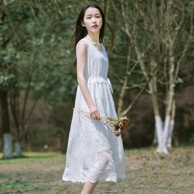 小清新文艺白色雪纺无袖背心裙复古森女蕾丝中长款宽松连衣裙女夏