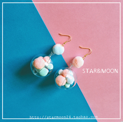 [STAR&MOON原创手作]摩登复古童趣马卡龙立体透明毛球球耳环/耳夹