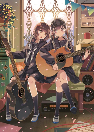 吉他 闺蜜 少女 双马尾 短发 耳机 窗边音响 学生 校服 萌 二次元 动漫 植物 杯子 暖色系 温柔 唯美