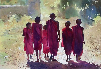 Myoe Win Aung 1972年出生于缅甸首都仰光。1989年在缅甸国家美术学院开始绘画学习，1992年毕业。他的绘画主题大部分是缅甸日常生活的僧侣和尼姑，雨中水牛车，家庭生活，工作和娱乐的场景画。