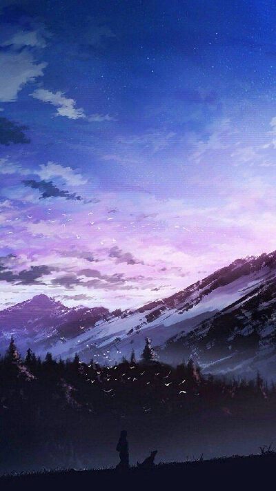 全屏背景，唯美，天空，山，背影