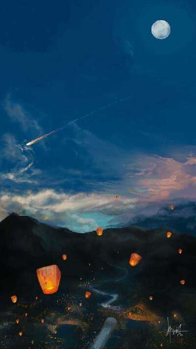 背景，壁纸，流星，孔明灯，夜景，天空